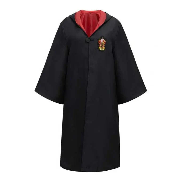 Young wizard in a classic Hogwarts robe, ready for magical adventures and play.