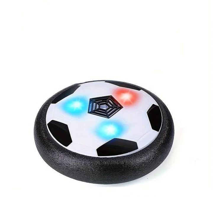 Kids hover football toy with flashing LED lights and upbeat music for indoor fun.