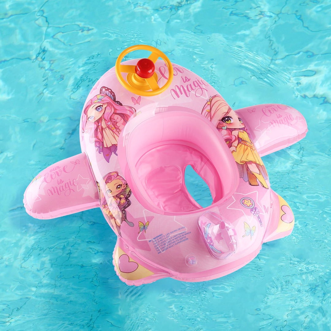Yellow inflatable swimming aid for kids, with a steering wheel for interactive water games.