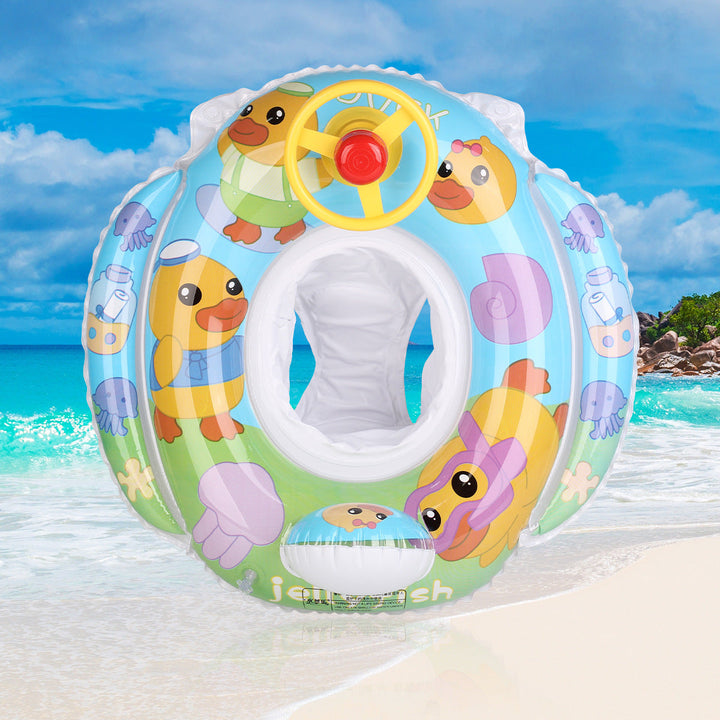 Blue kids' inflatable ring with steering wheel control, enhancing water play for toddlers.