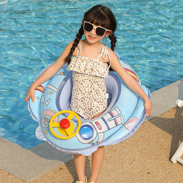 Red children's pool accessory: Steering wheel swim ring for endless summer fun.