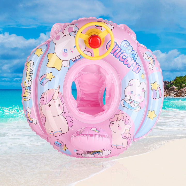 Kids' inflatable swimming ring, blue, with a functional steering wheel for playful control.