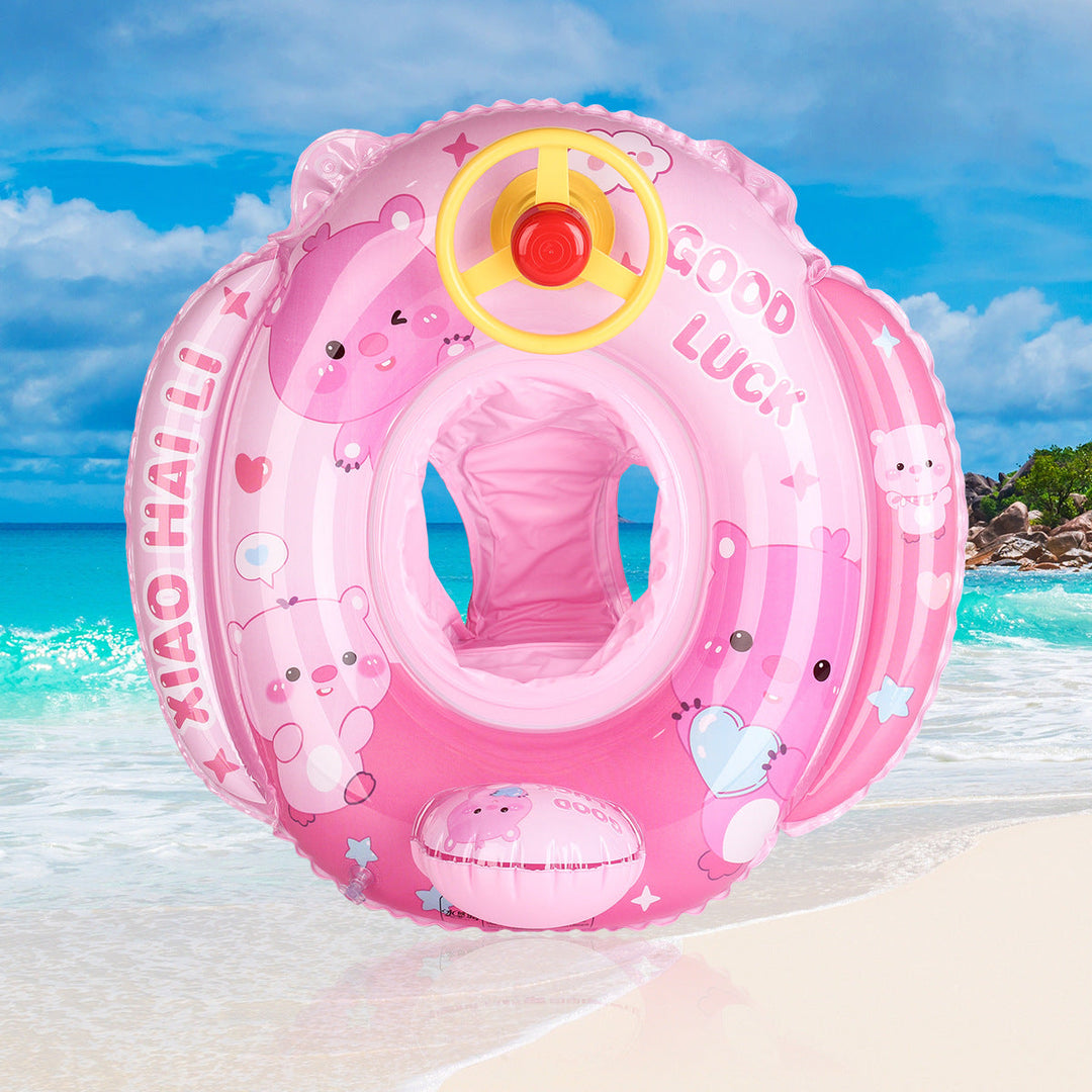 Red children's swim aid, vibrant and sturdy, featuring a steering wheel for water fun.
