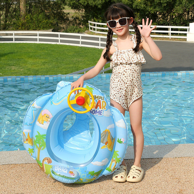 Blue children's inflatable ring with steering wheel, perfect for playful learning & water safety.