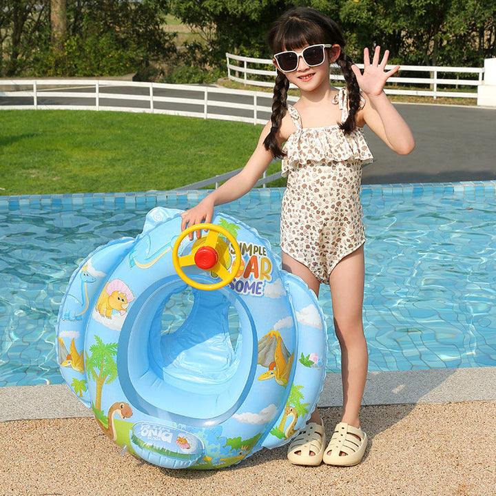 Blue children's inflatable ring with steering wheel, perfect for playful learning & water safety.