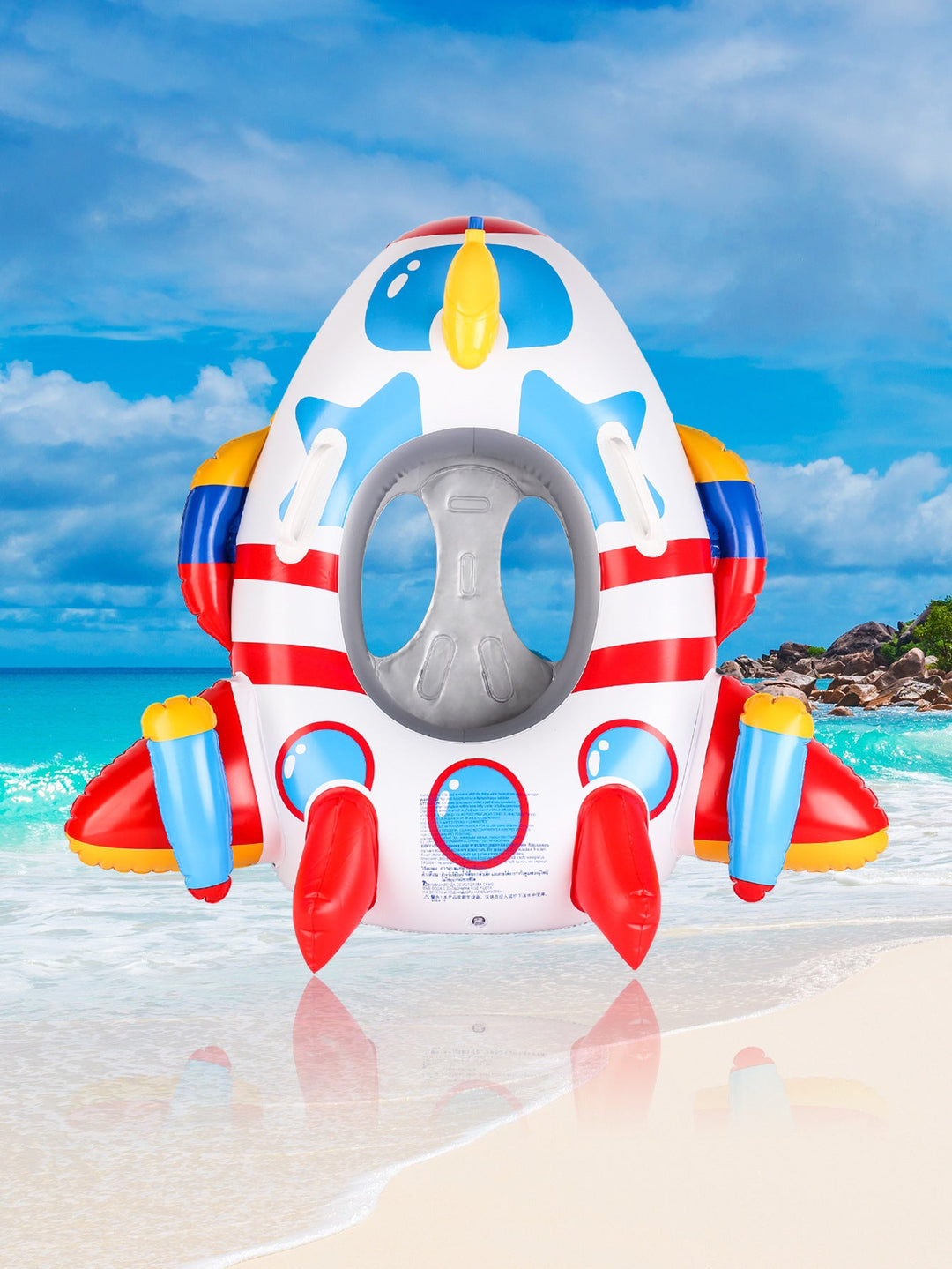 Yellow toddler inflatable float with steering wheel, an excellent swim aid for young adventurers.