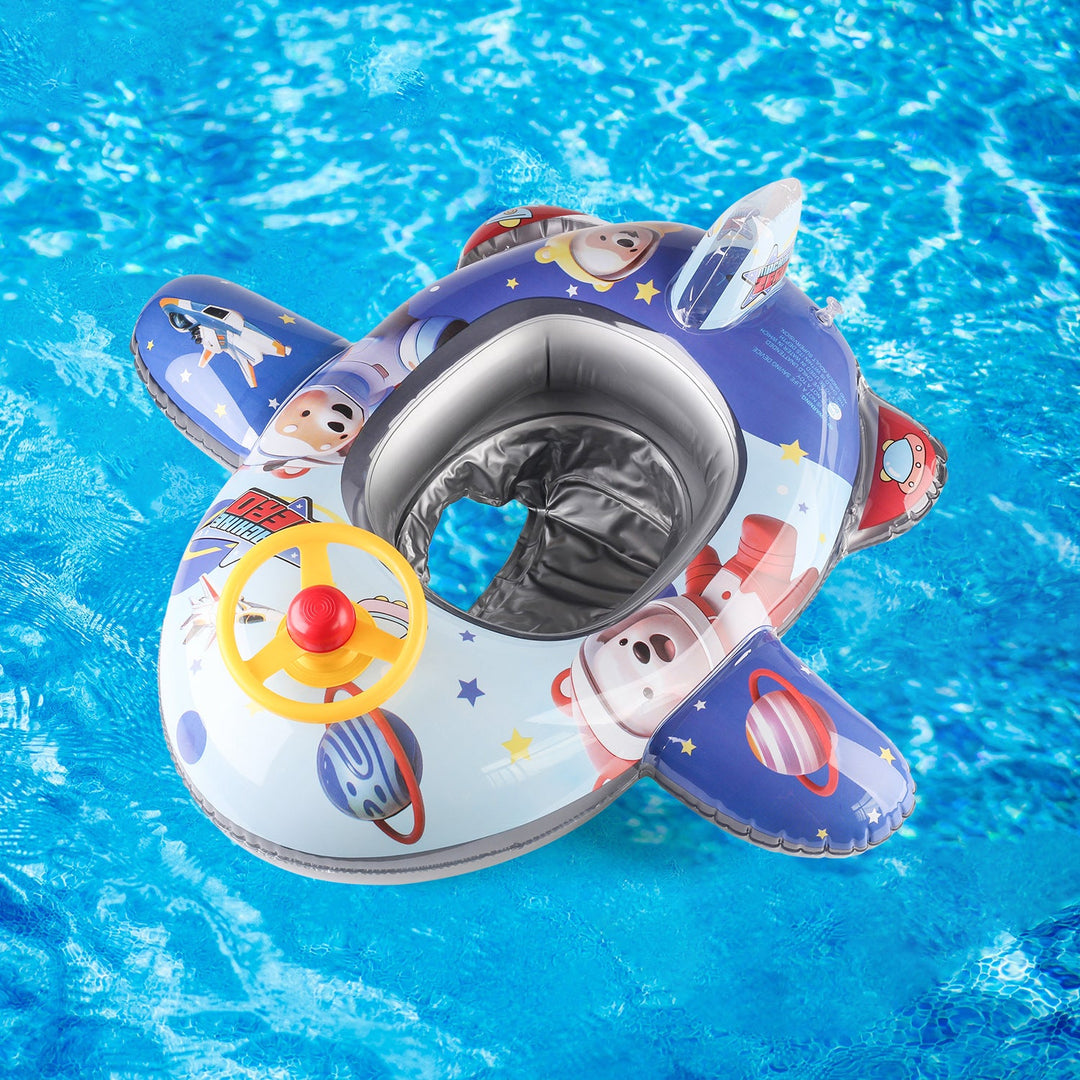 Green children's pool float, durable and interactive with a steering wheel for endless fun.