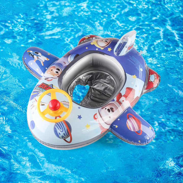 Green children's pool float, durable and interactive with a steering wheel for endless fun.