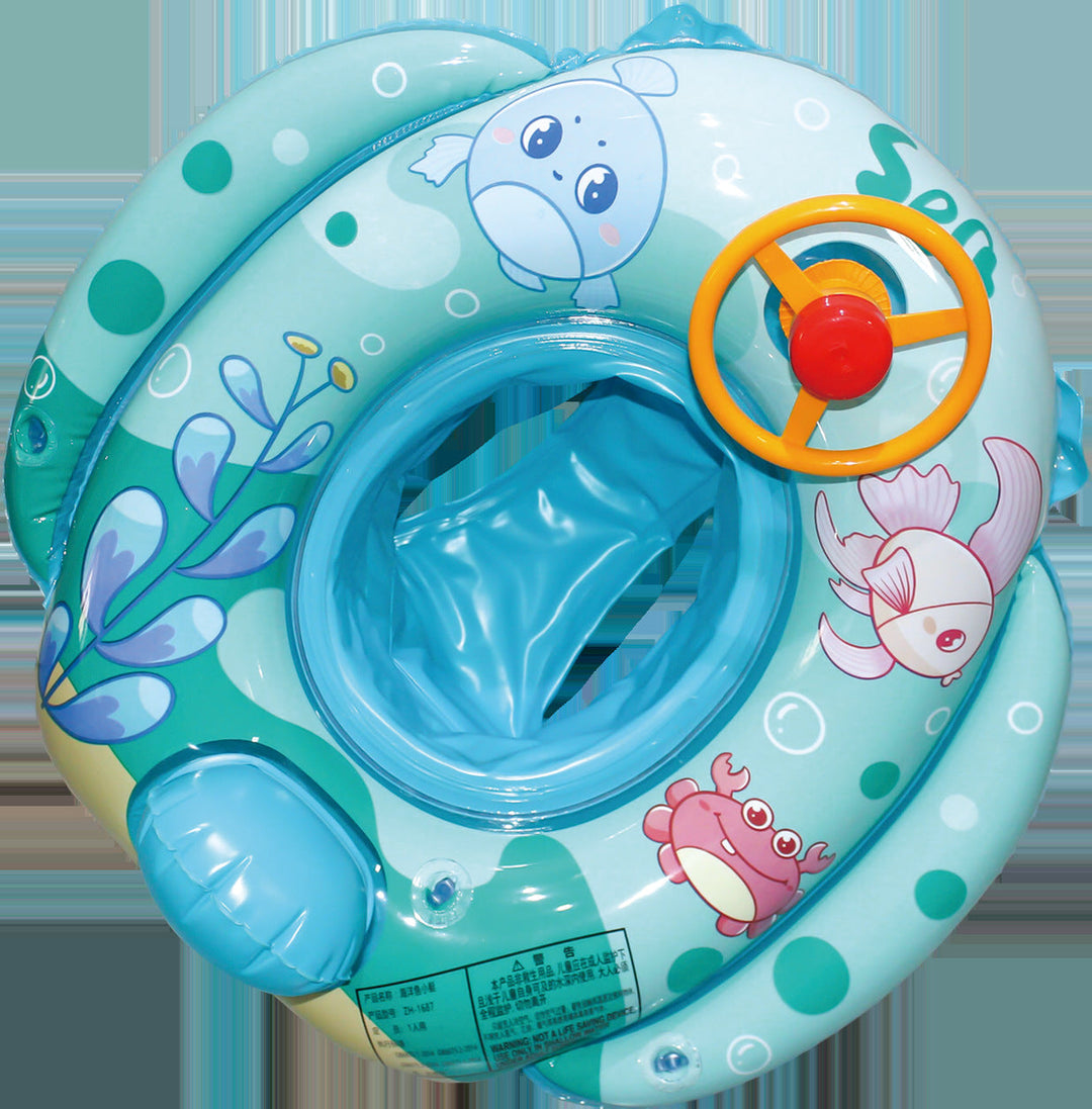 Kids' vibrant inflatable swimming ring with a steering wheel, ensuring safe and joyful water play.