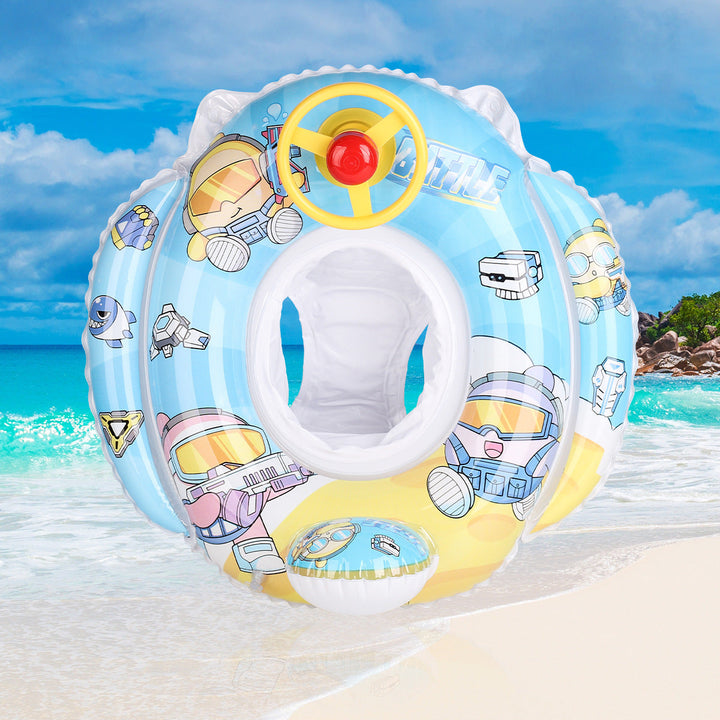 Summer fun: Blue inflatable swimming ring with steering wheel control for children.