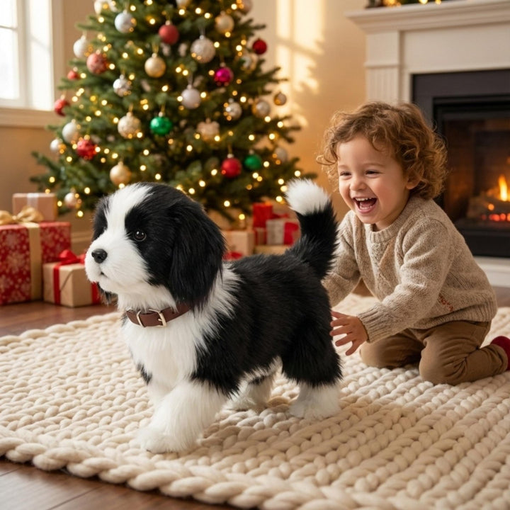Kids' interactive walking plush dog toy with realistic sounds, perfect for imaginative play and a soft companion.