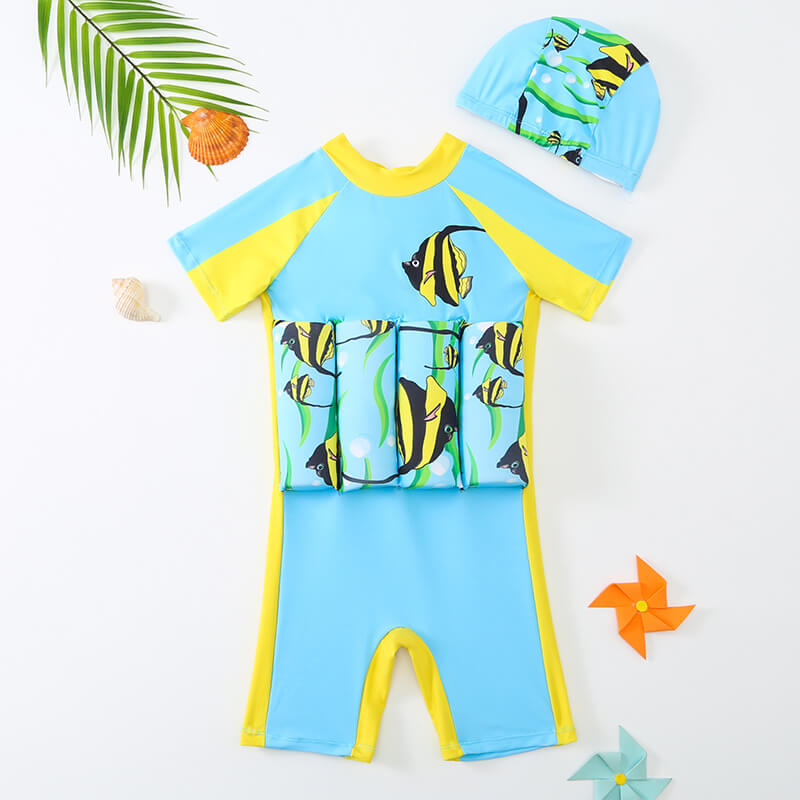 Toddler float vest in a playful dolphin print, ideal for beginners.