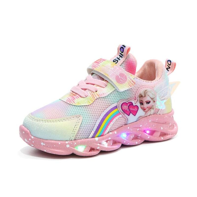 Kids' pink LED light-up sneakers with velcro straps for easy wear.