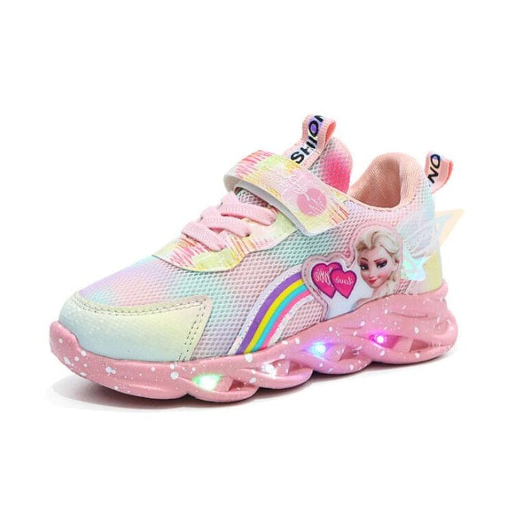 Kids' pink LED light-up sneakers with velcro straps for easy wear.