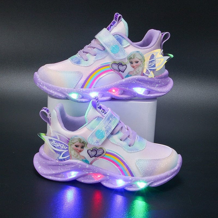 Children's LED sneakers in pink and purple, perfect for active kids.
