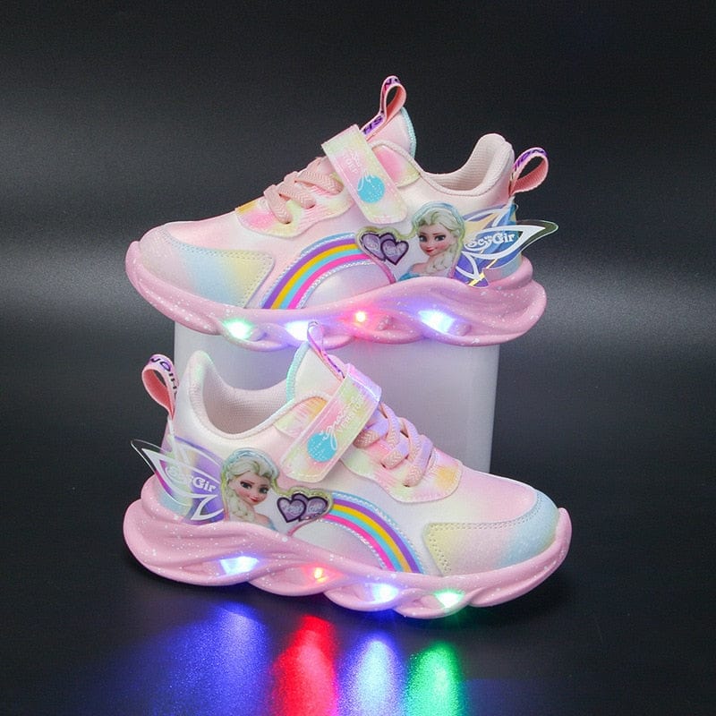 Close-up of kids' light-up sneakers showing the bright LED illumination.