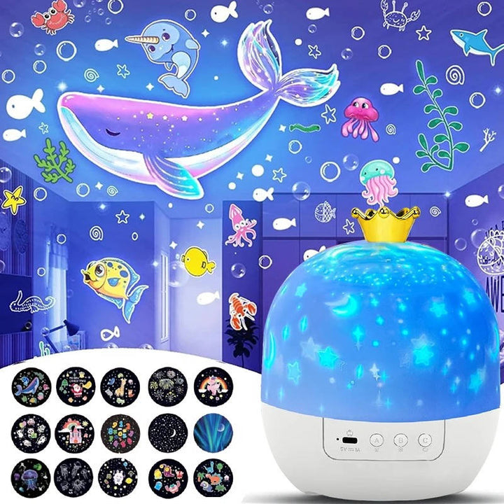 Kids' projector night light with remote, displaying a colorful star sky on the ceiling, perfect for children's room.