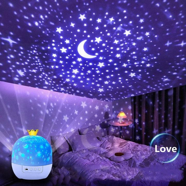 Rotating star projector night light for kids, featuring remote control for easy scene & color changes.