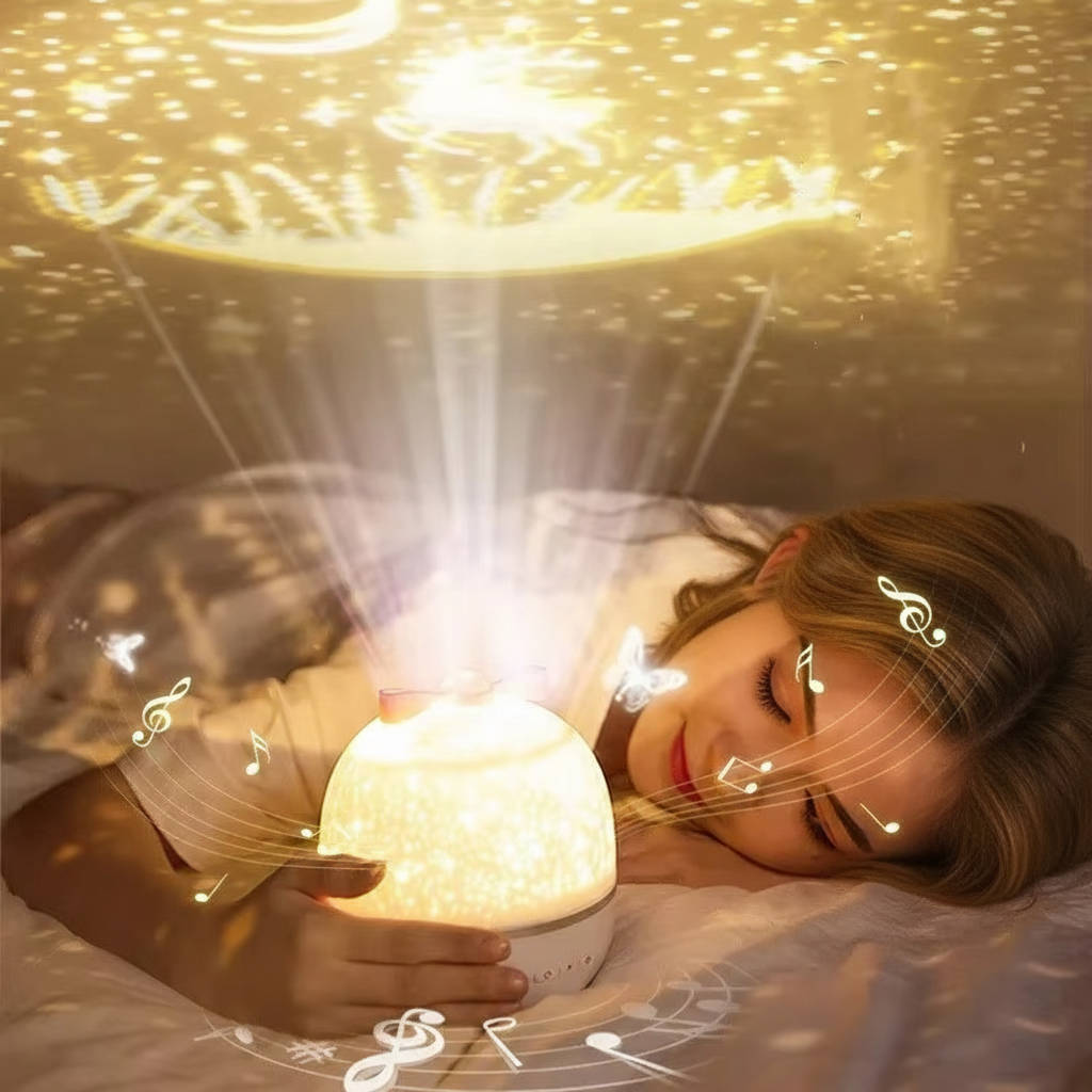 Magical galaxy projector night light casting nebulae & stars, ideal for creating a calm children's room ambiance.