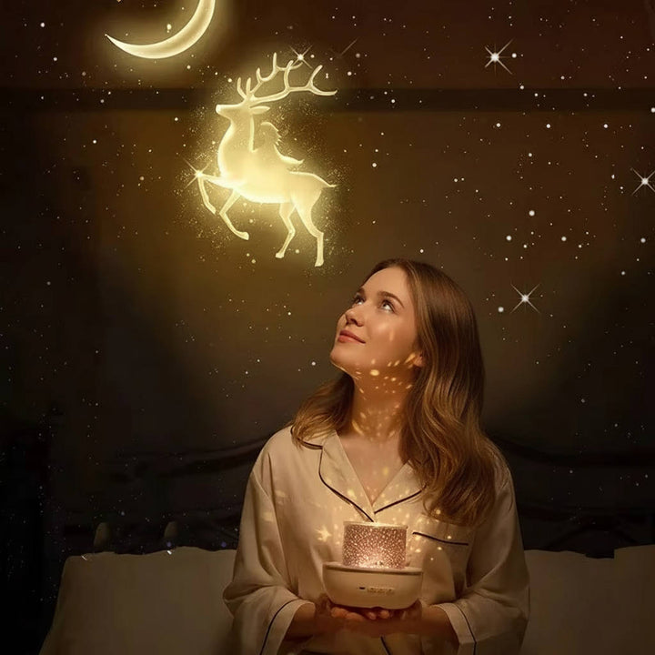 Happy child enjoying a soothing ocean wave projection from their kids' night light, controlled by a small remote.