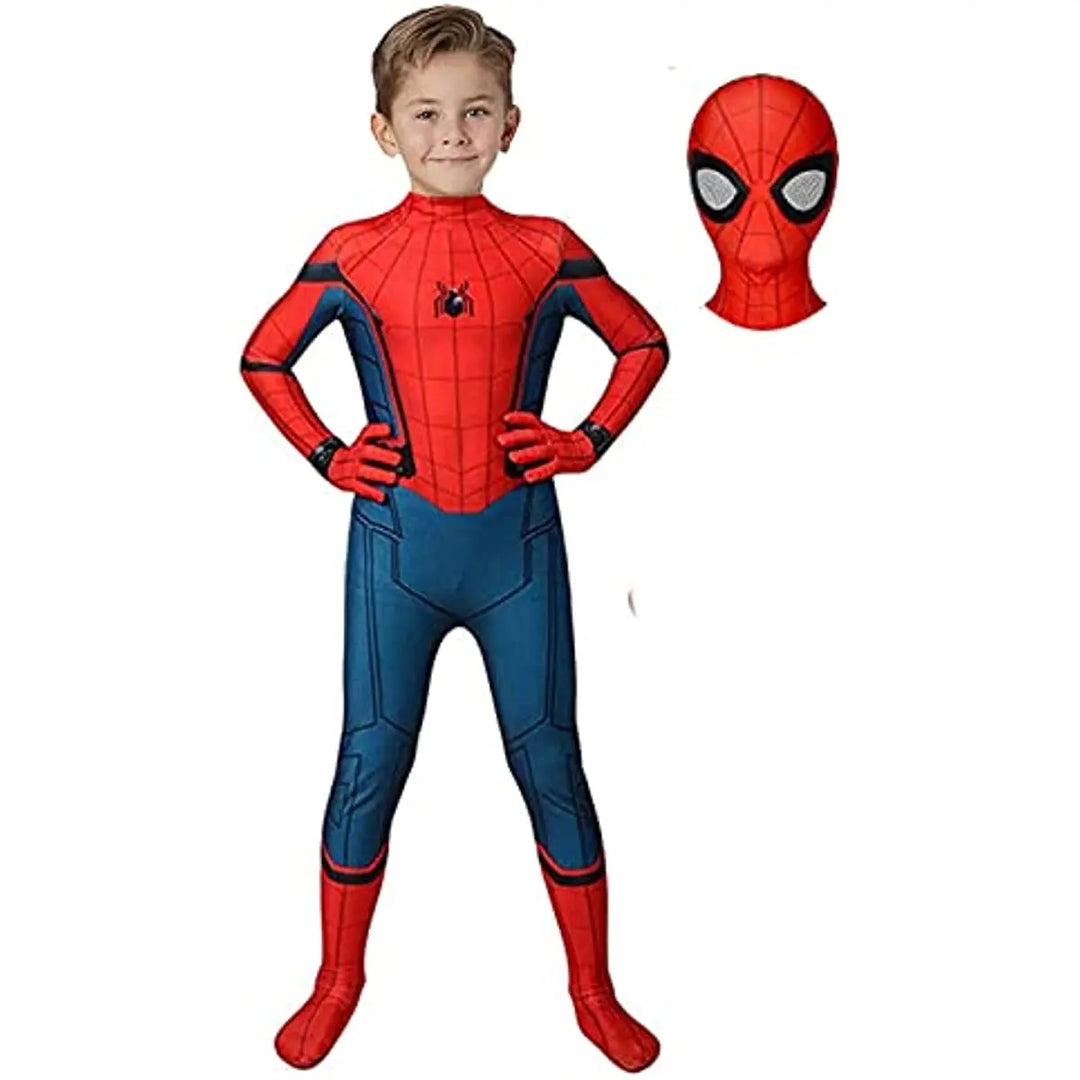Kids red Spider-Man superhero costume outfit with mask and web details.