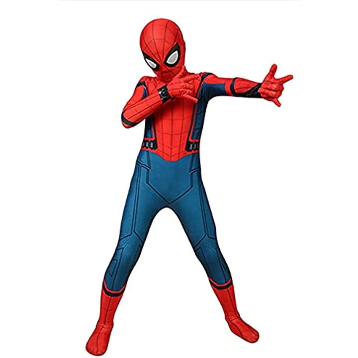 Young child wearing a vibrant red Spider-Man costume, ready for adventure.