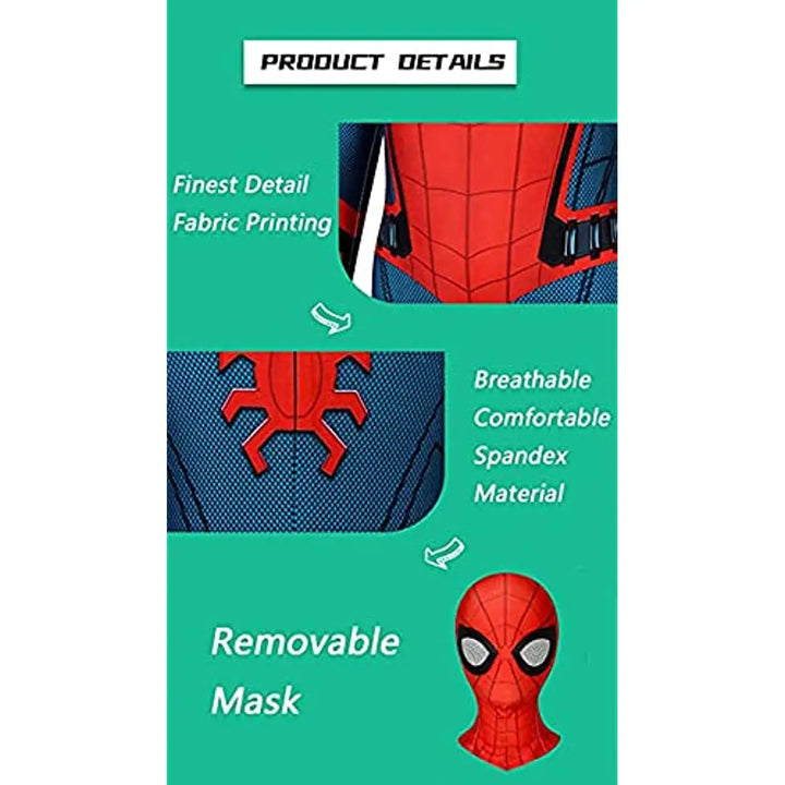 Full body shot of a boy in a classic red Spider-Man superhero outfit.