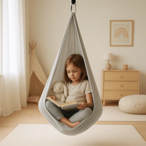 Kids' sensory swing hammock in calming blue, perfect for indoor and outdoor sensory play.