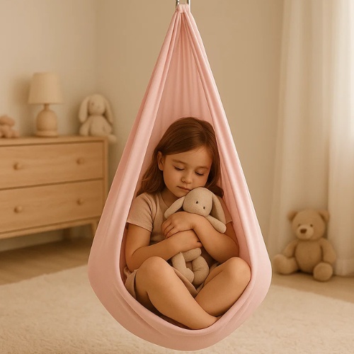 Child relaxing in an indoor sensory swing, promoting focus and anxiety relief for kids.