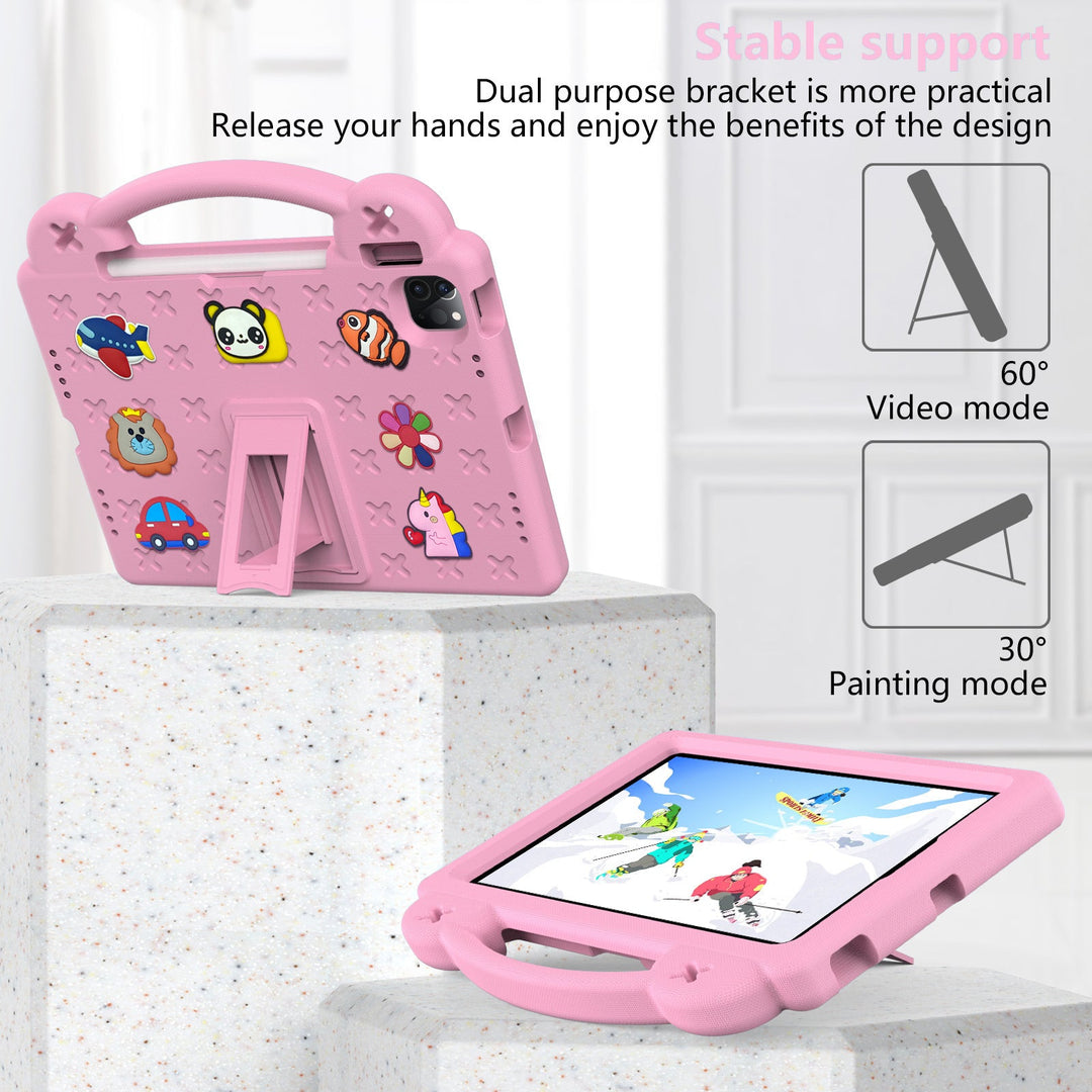 Kids' shockproof tablet case with an adjustable kickstand & easy-carry handle for child-friendly protection.