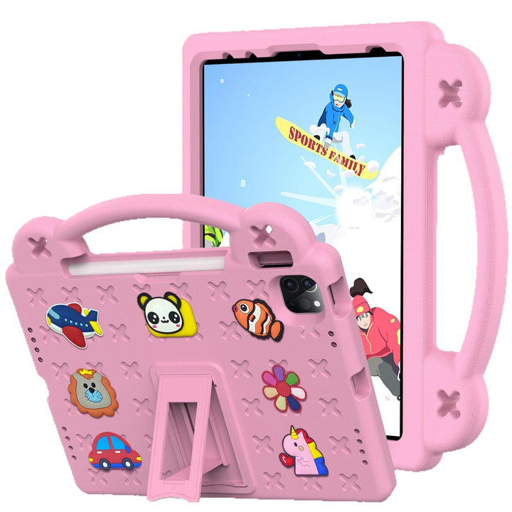Bright pink kids' tablet accessory with a built-in kickstand for hands-free viewing and carrying handle.