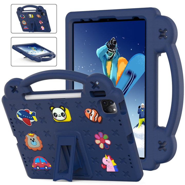 Robust shockproof tablet cover for children, designed for durability with an ergonomic handle & stable stand.
