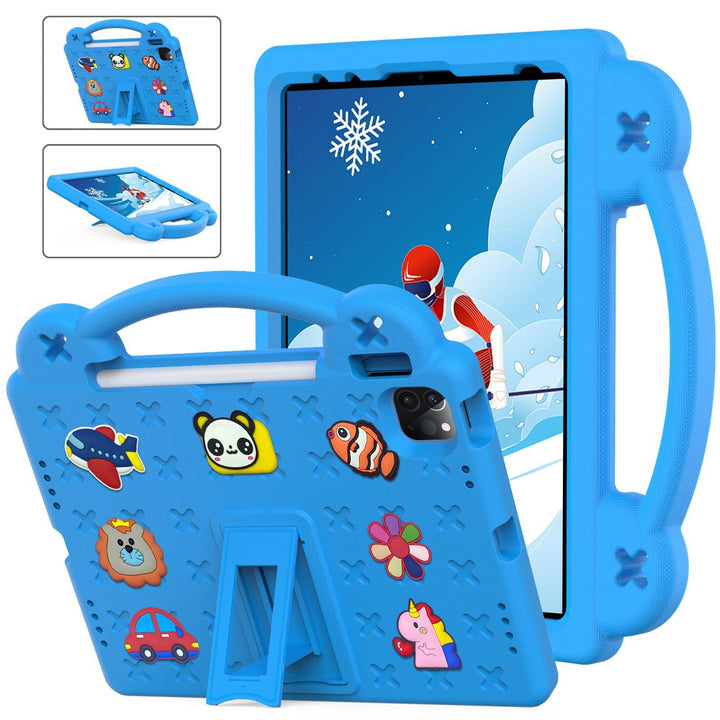 Shock-absorbent kids tablet cover, yellow, with a strong handle & kickstand for secure, easy carrying & viewing.