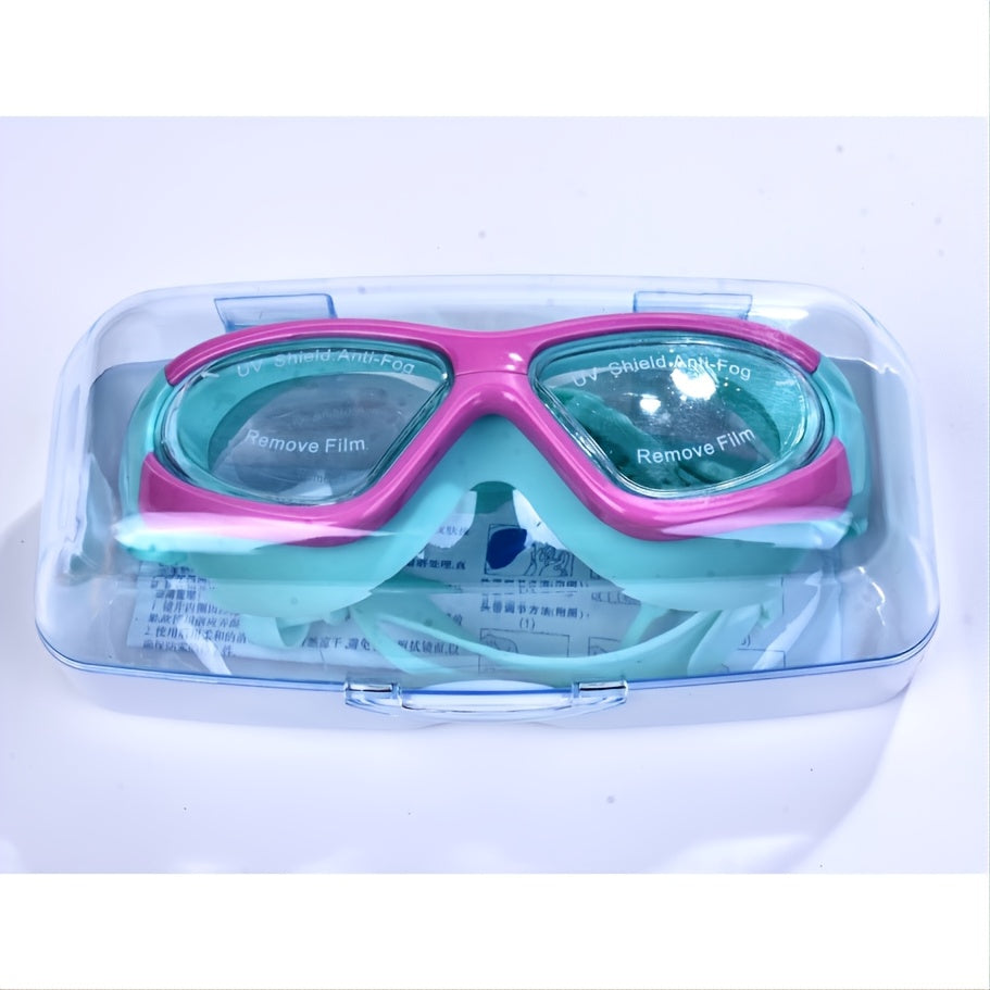 Kids swim goggles: anti-fog, leak-proof, large frame, clear vision for happy swimmers.
