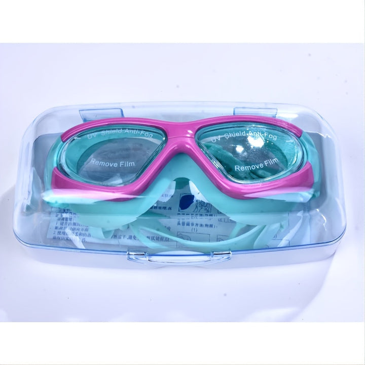 Kids swim goggles: anti-fog, leak-proof, large frame, clear vision for happy swimmers.
