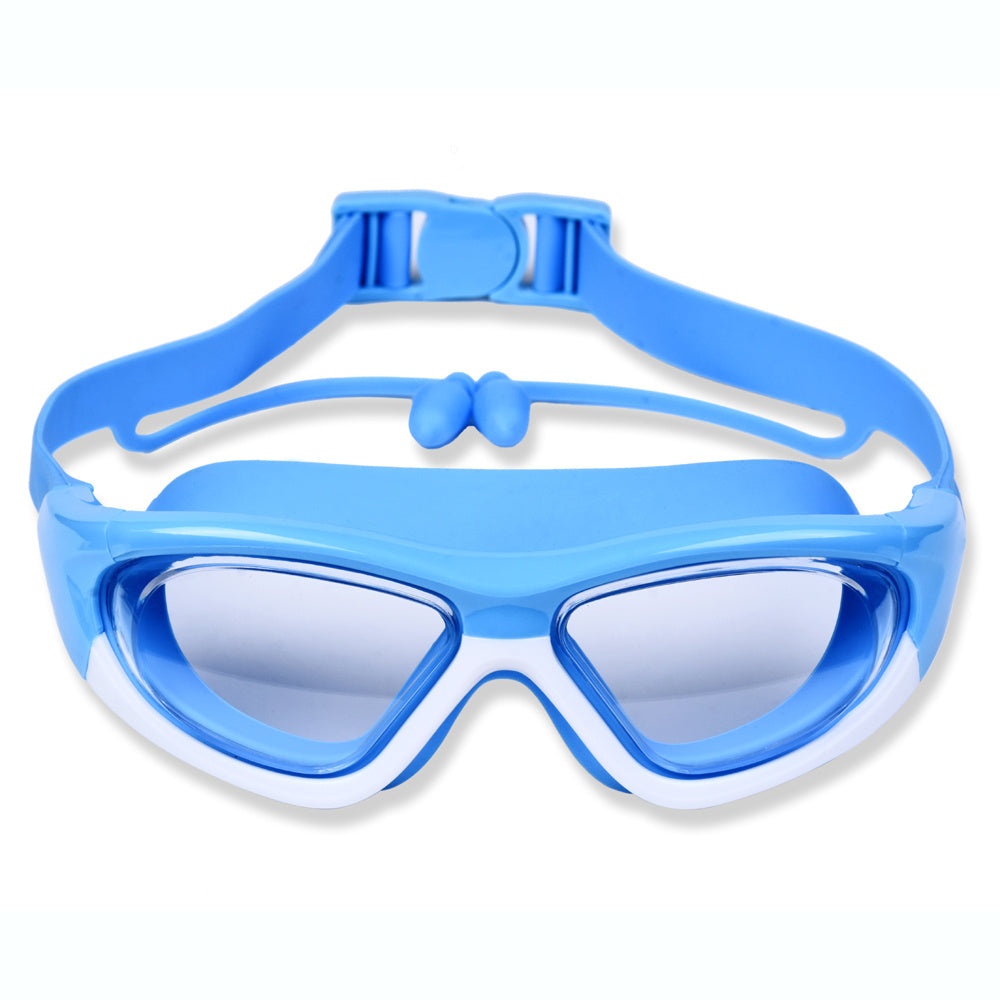 Anti-fog swim goggles for kids, large frame, UV protected for swimming lessons.