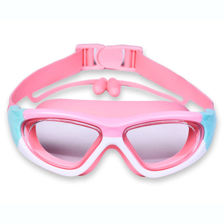 UV protection kids swim goggles, anti-fog, comfortable large frame for pool fun.