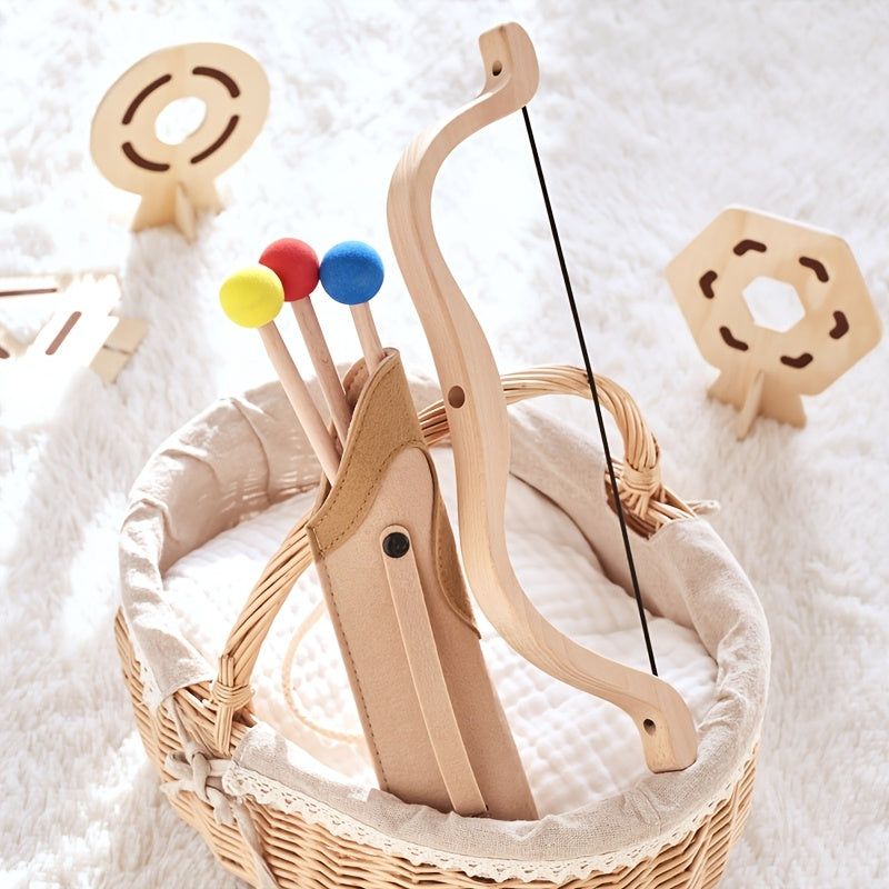 Kids wooden bow and arrow set for ages 3-6, safe archery toy for children.