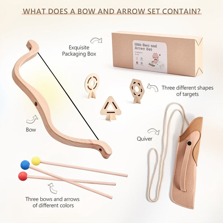 The complete kids wooden bow and arrow set, including bow, arrows, and quiver.