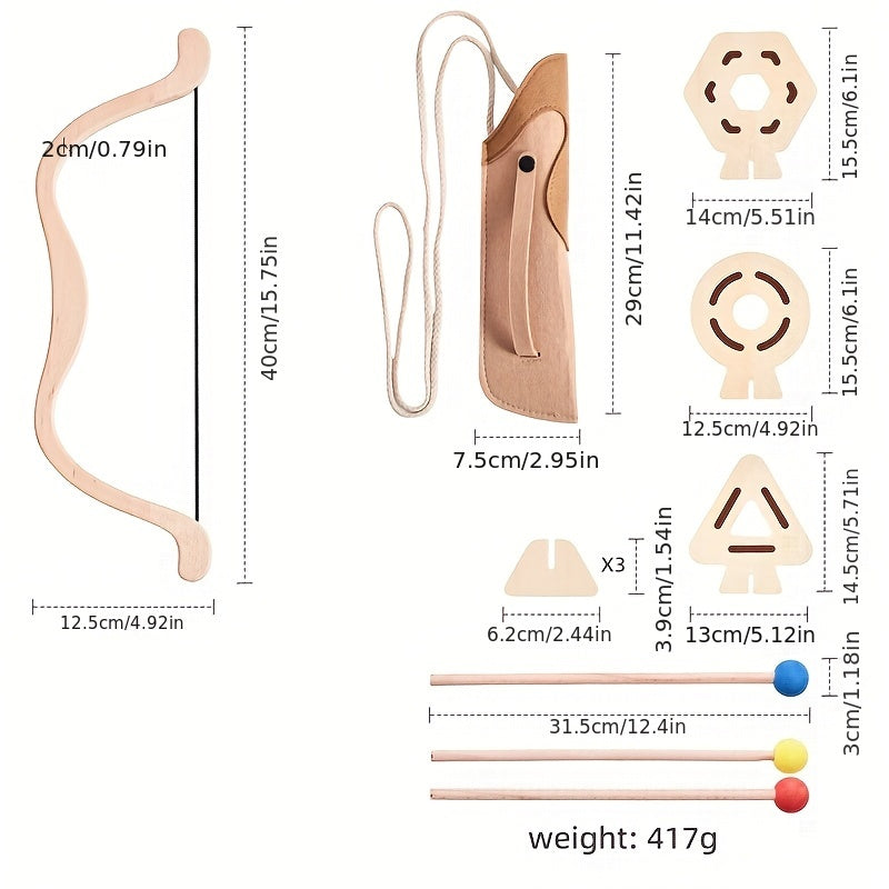 A child's perspective of the safe wooden archery toy, ready for fun.