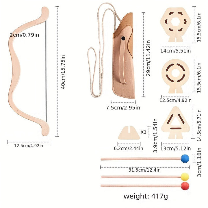 A child's perspective of the safe wooden archery toy, ready for fun.