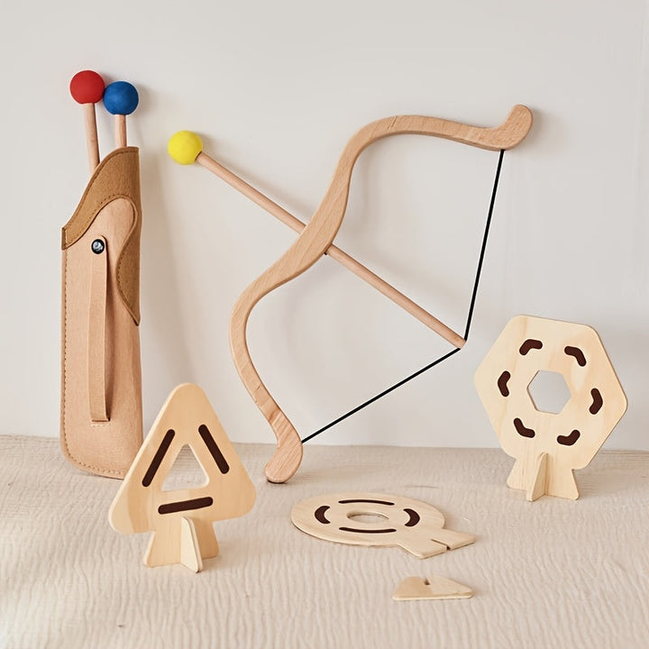 Group of children enjoying pretend play with their safe, wooden archery sets.