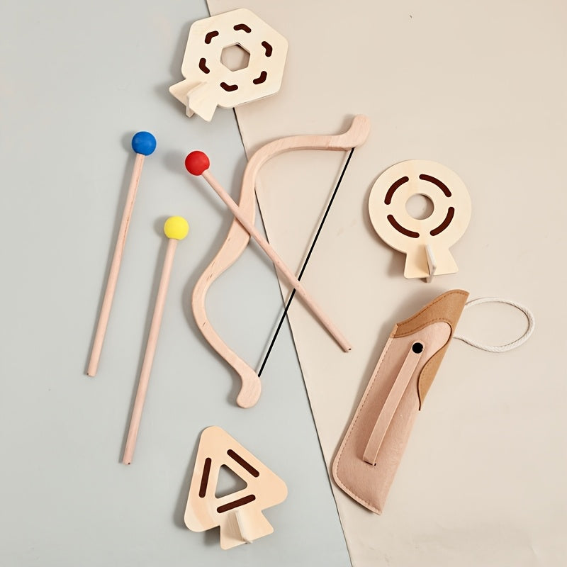 Full view of the junior archer bow and arrow set, made from durable wood.
