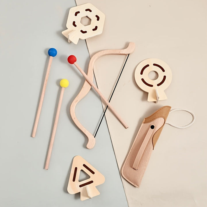Full view of the junior archer bow and arrow set, made from durable wood.