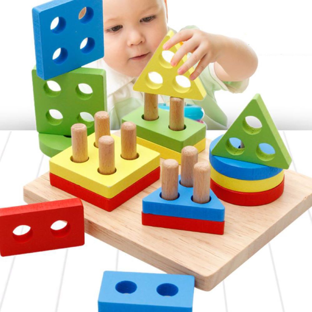 Kids wooden sorting and stacking blocks for early learning and fine motor skills development.