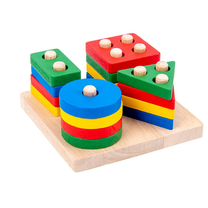 Engaging preschool toy: wooden shape sorter and stacking blocks for fun early learning.