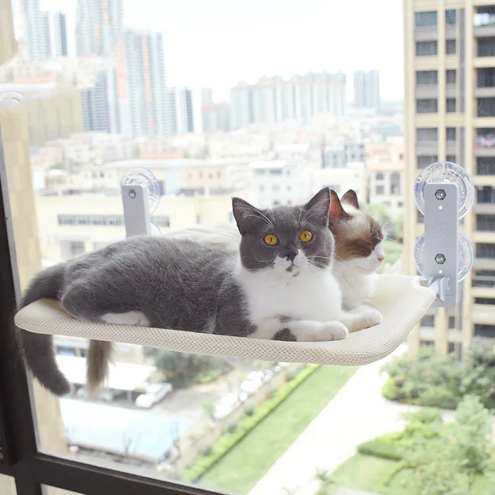 KittyCloud grey cat window hammock perch providing a cozy sunbathing spot for indoor cats.