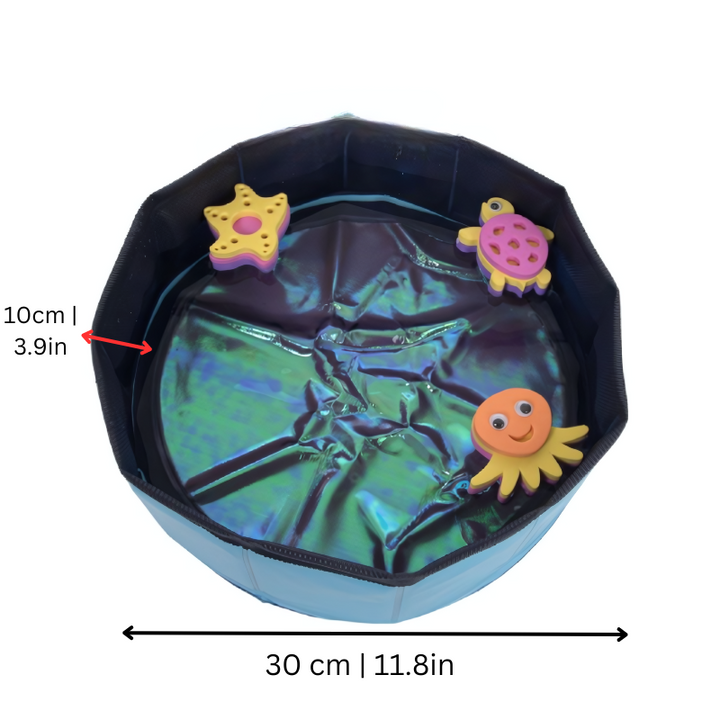 Durable KittySplash cat pool featuring interactive floating pet toys for cooling.