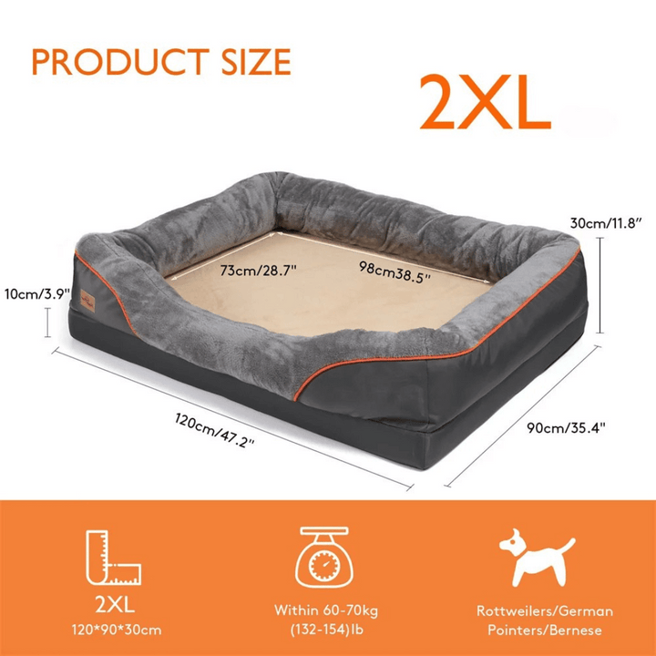 Grey orthopedic memory foam dog bed, designed for large breeds. Offers superior joint support.