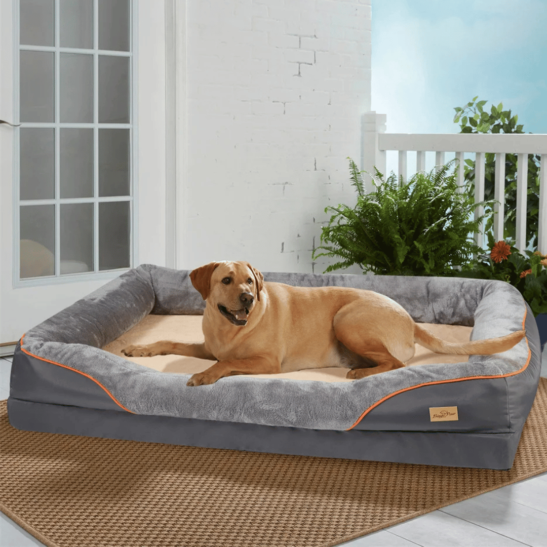 Comfortable orthopedic dog bed for big dogs. Deep memory foam ensures joint support & restful sleep.